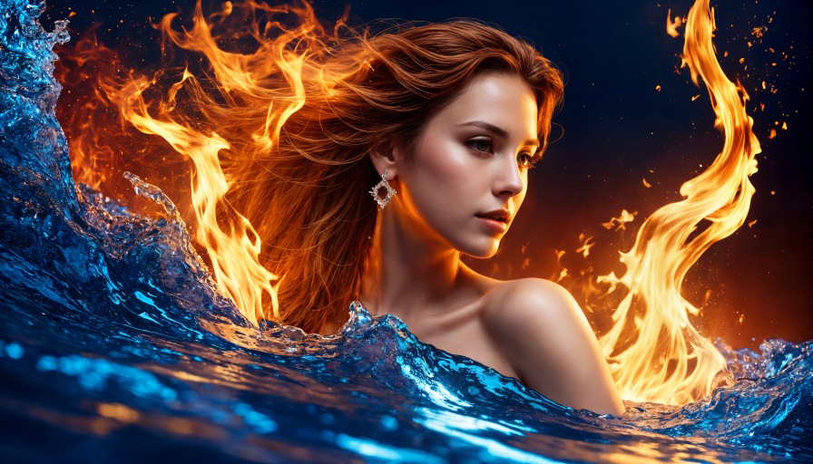 Prompt-based visual: fire and water contrast portrait