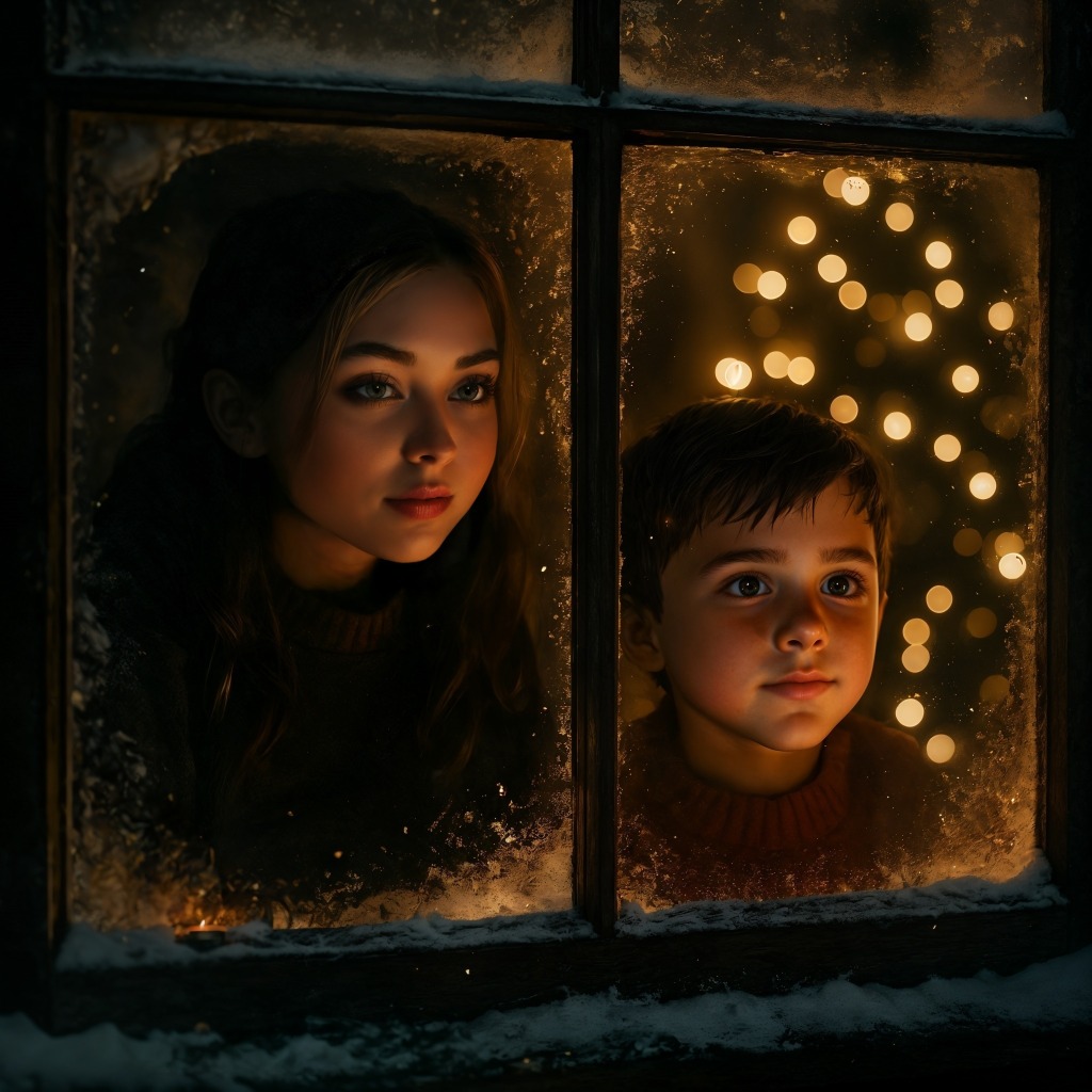 Children looking through frosted window at glowing Christmas lights, cinematic festive scene 12