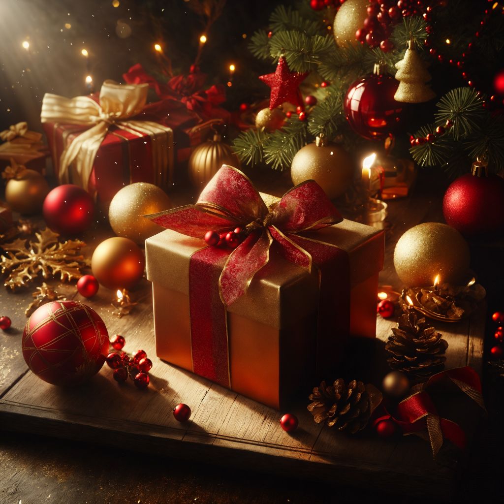 Christmas gift boxes wrapped in red and gold paper, cinematic lighting, holiday still life 11
