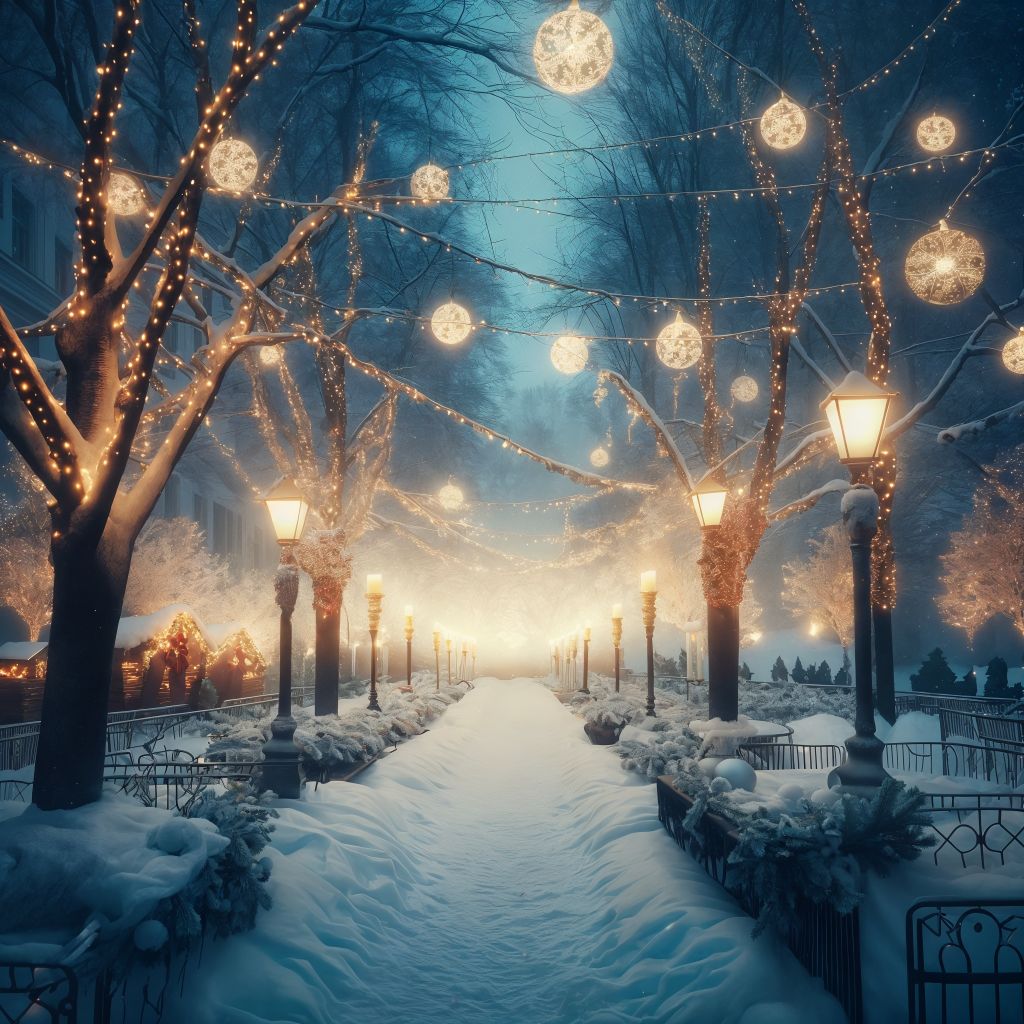 Snowy park with Christmas garlands on trees, glowing festive lights, cinematic winter scene 08