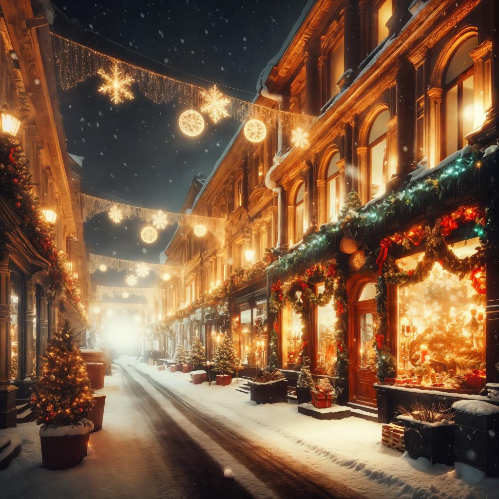 Christmas street with decorated shop windows, night photography style, and falling snow 14