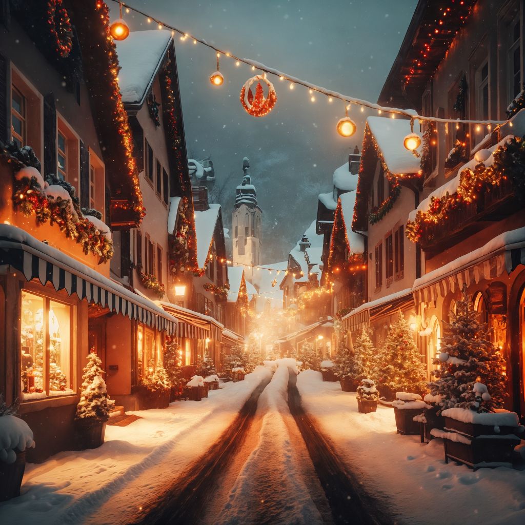 Snow-covered European street with Christmas lights, cinematic warm tones, and cozy winter charm 06