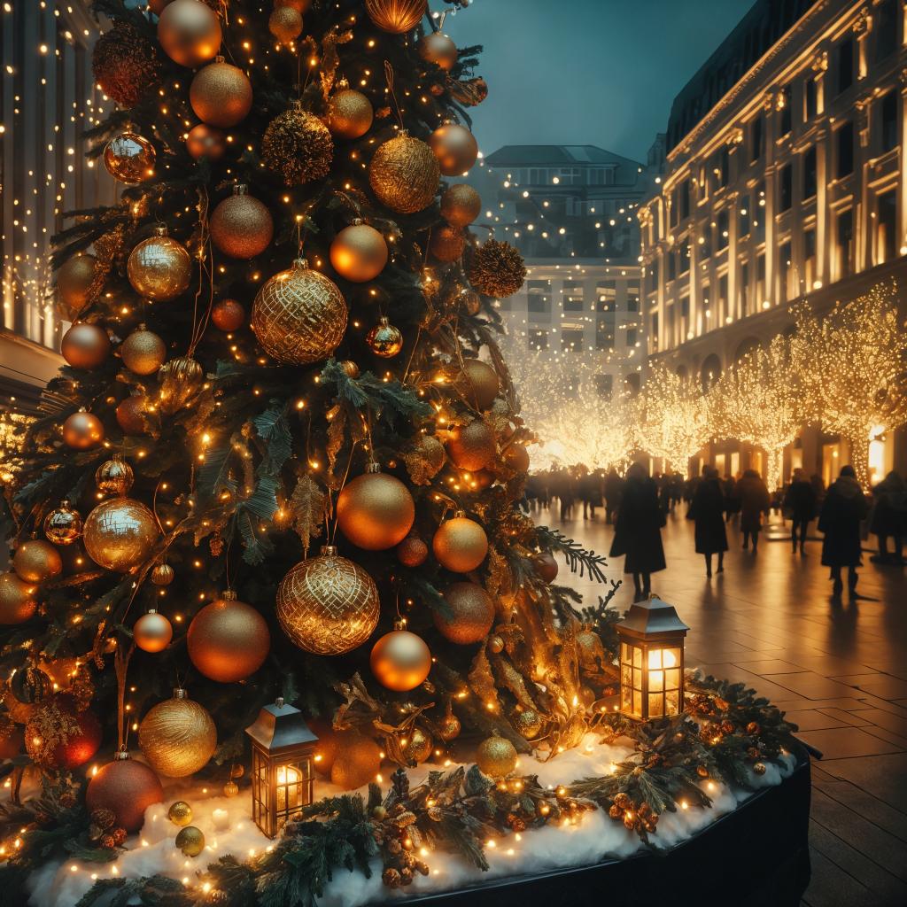 Festive Christmas tree in city square decorated with golden ornaments and fairy lights, cinematic holiday mood 02