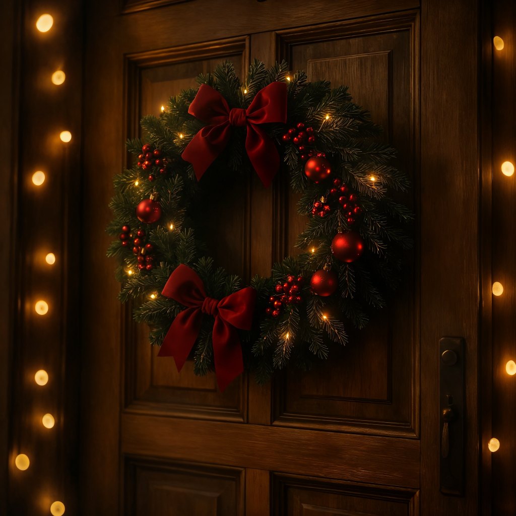 Christmas wreath on wooden door with golden lights, cozy cinematic festive atmosphere