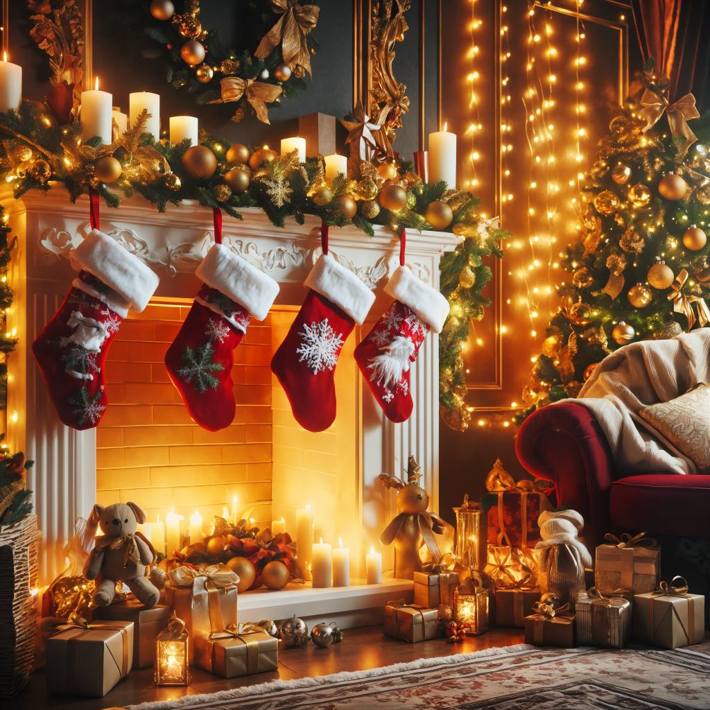 Decorated Christmas interior with fireplace, stockings, golden lights, and festive holiday atmosphere 05