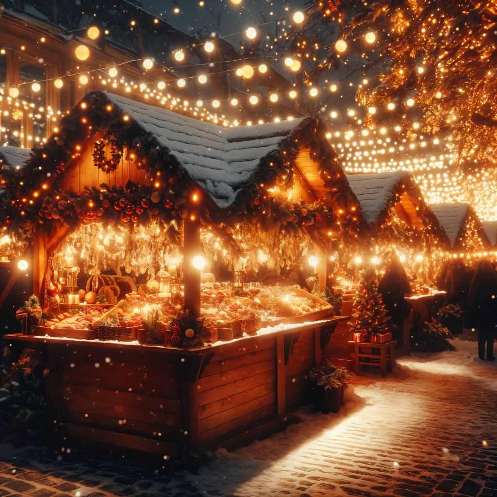 Christmas market at night with wooden stalls, warm bokeh lights, garlands, and falling snowflakes 04