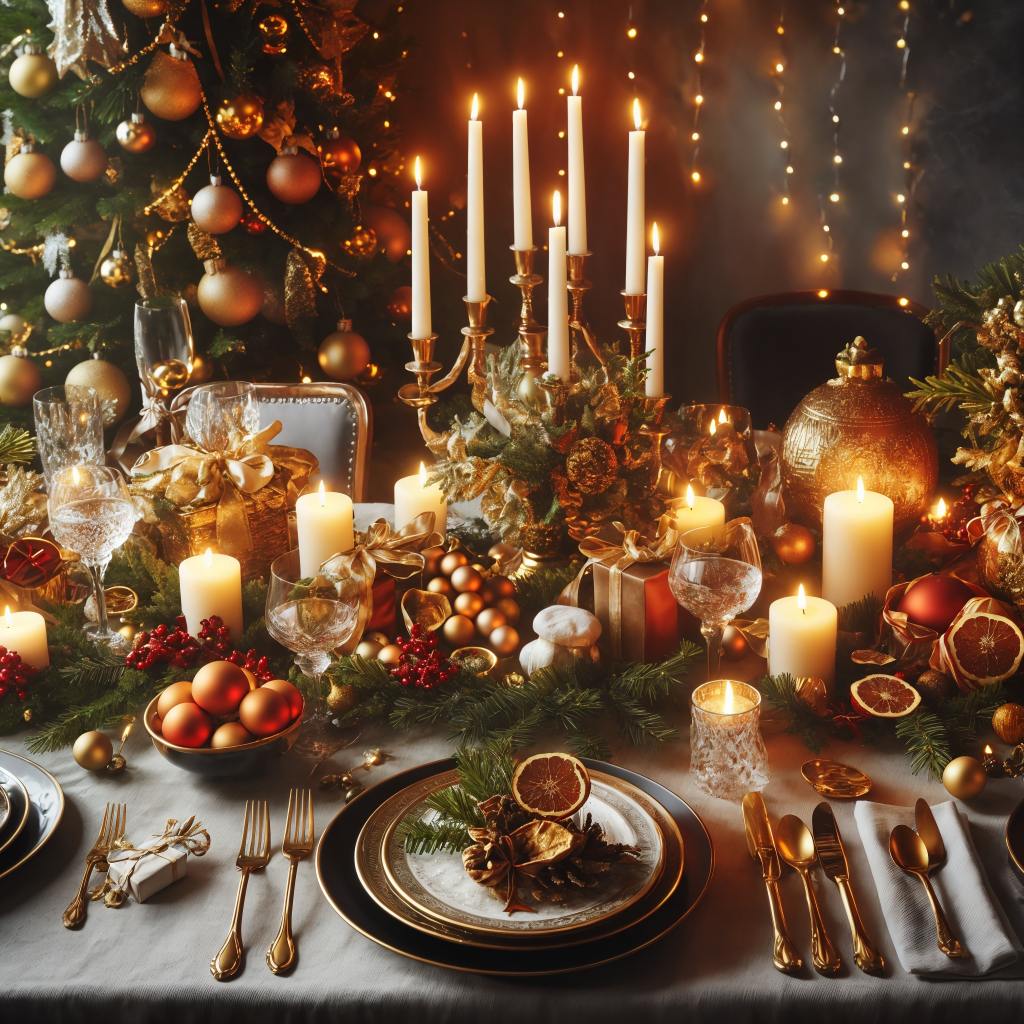 Holiday dinner table with candles, golden decorations, and festive Christmas feast setting 07