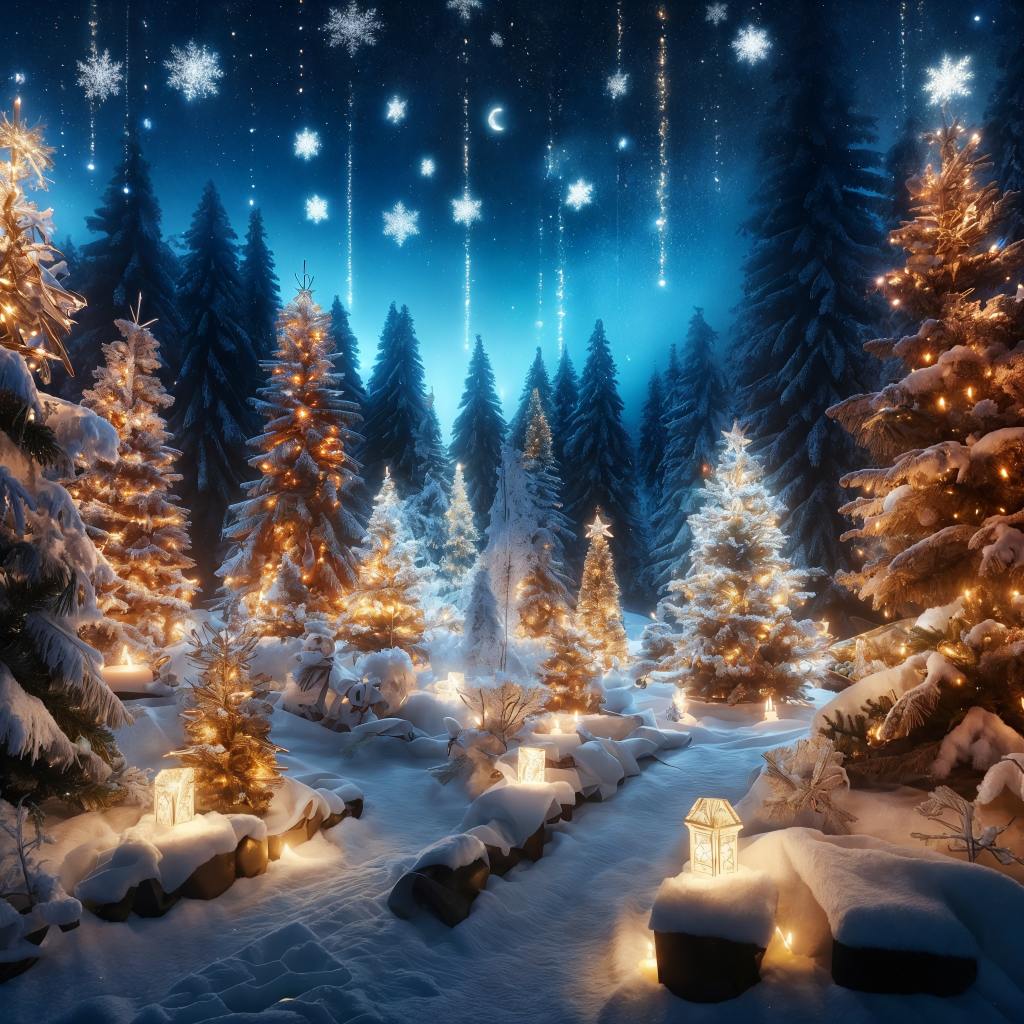 Magical winter forest with decorated trees, glowing lights, and night sky atmosphere 10