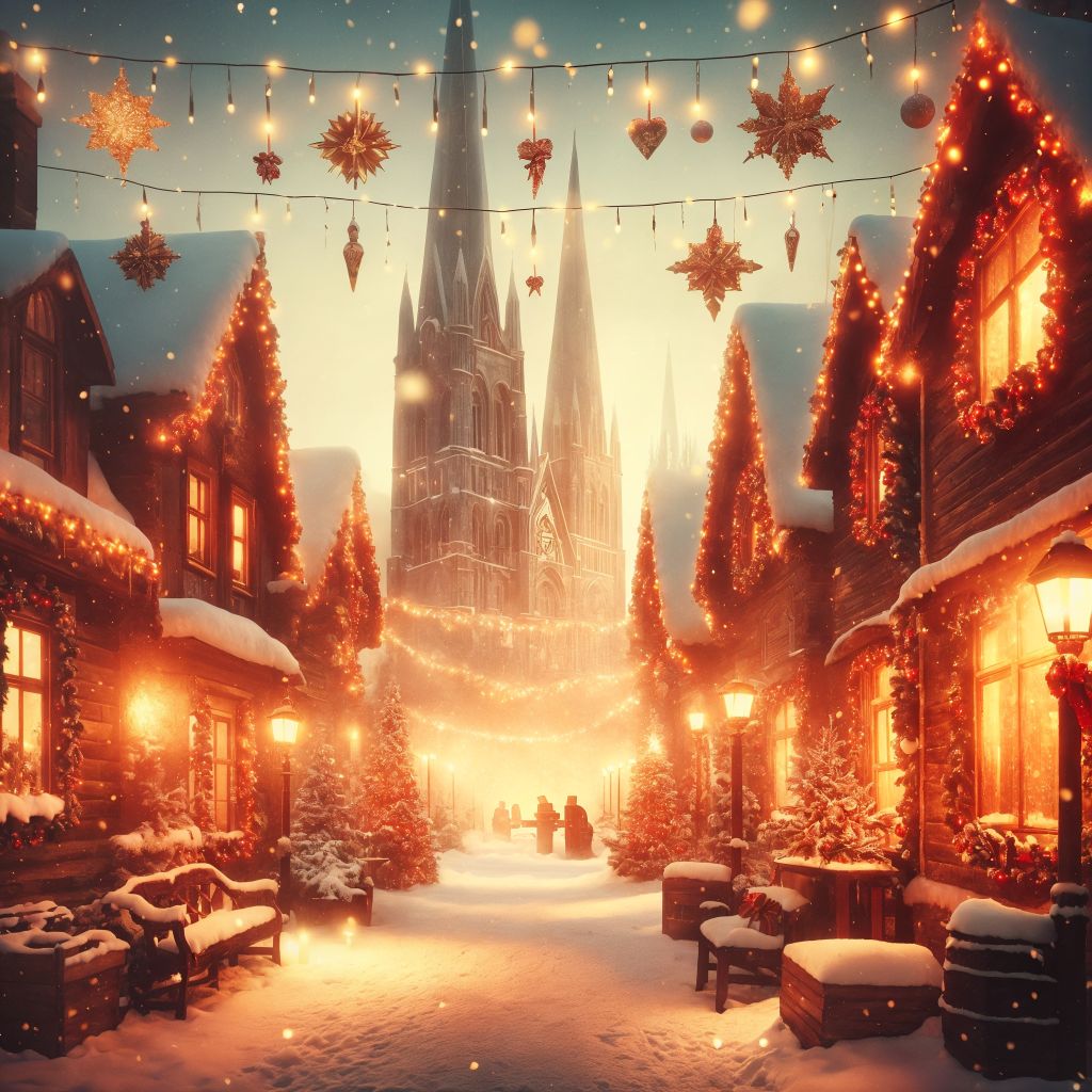 Vintage Christmas postcard style snowy town with festive lights and warm holiday atmosphere 13
