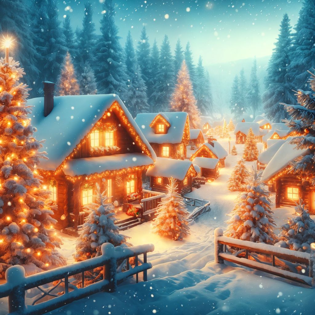 Snowy winter village with wooden houses glowing warmly, pine trees covered in snow, romantic Christmas postcard style 03
