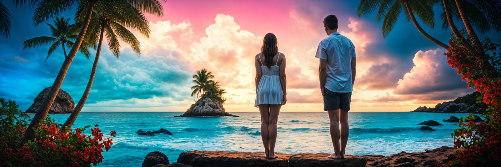 Neon-blue tropical dusk — cinematic coast with silhouettes — 11