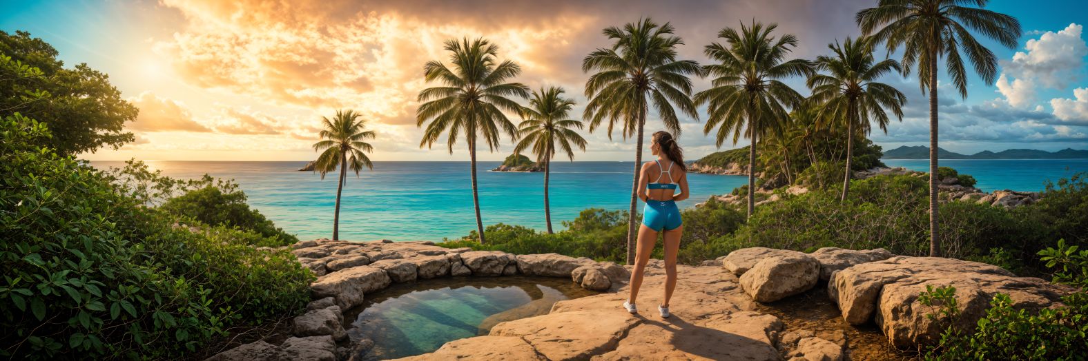 Path to hidden cove with thatched umbrellas — cinematic shoreline — 03