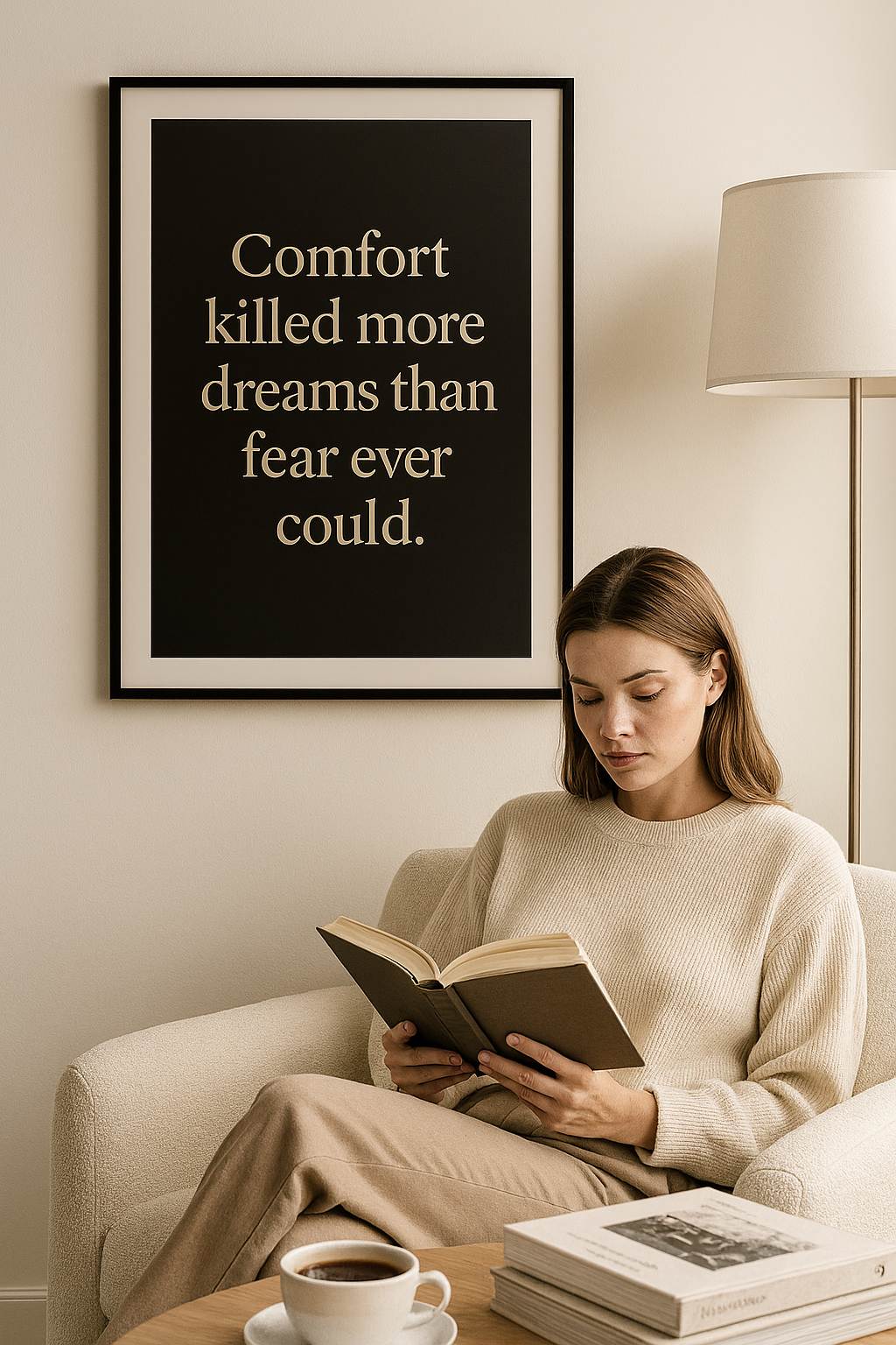 Woman reading in beige tones with a framed quote on the wall.