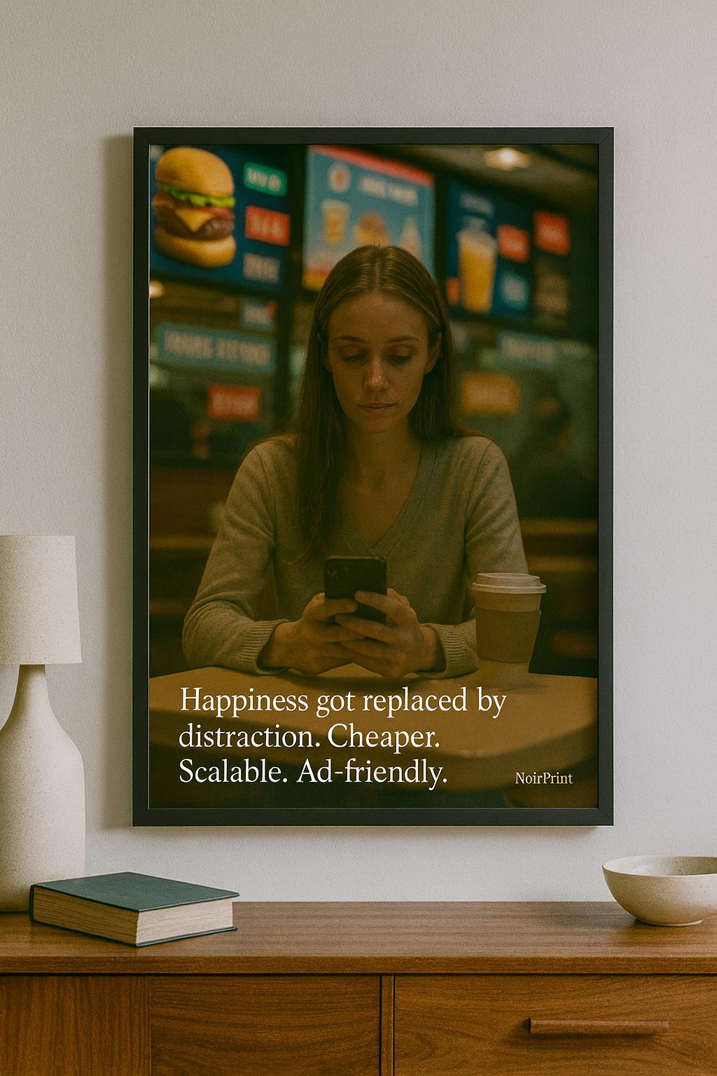 Woman scrolling phone in fast-food restaurant under neon ads.