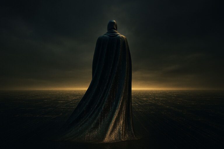 Digital myth-tech figure in atmospheric golden light