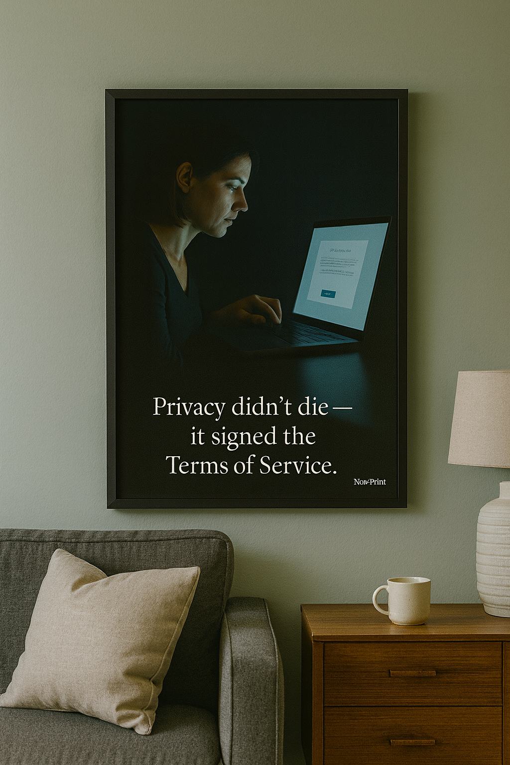 Woman at night looking at laptop screen with a privacy notice.