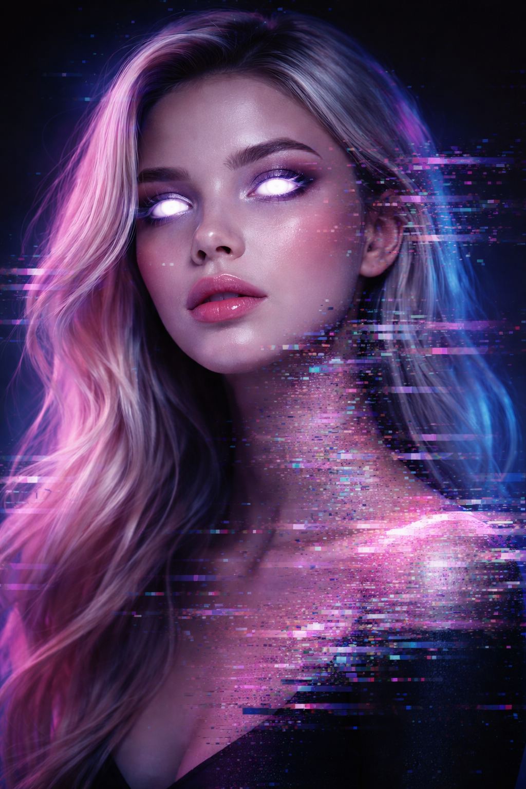 AI influencer with luminous eyes and abstract digital distortion